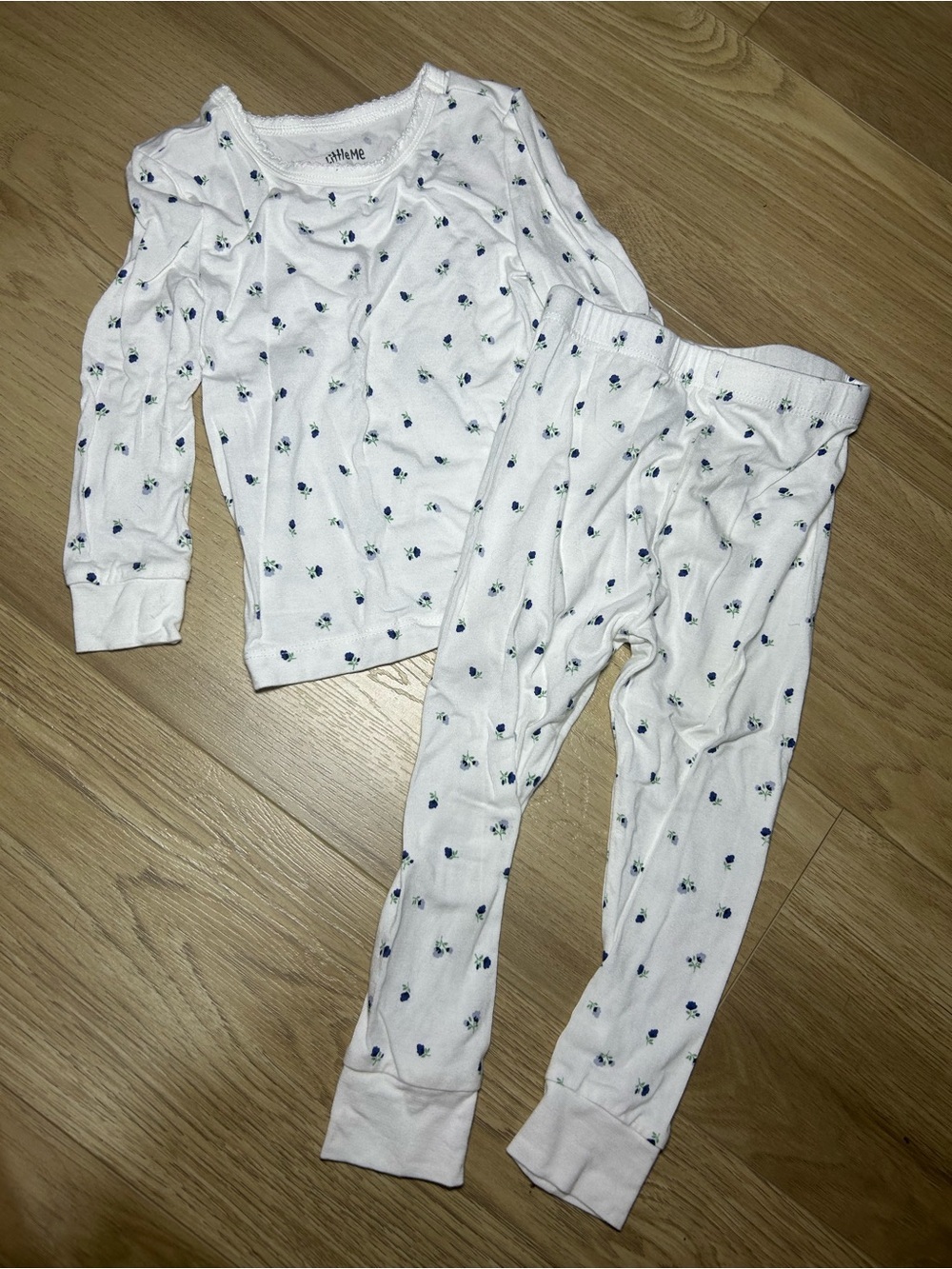 Little Me White Pajama Set with Blue Floral Print